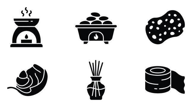 Set of wellness and bathroom glyph icons for spa brochures and personal care product packaging