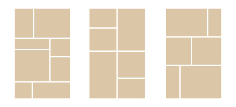 Image collage layout template. Beige mosaic mood board grid collection. Picture frame set. Photo album idea for banner, poster, comic page, flyer, brochure, booklet, memory wall design. Vector pack