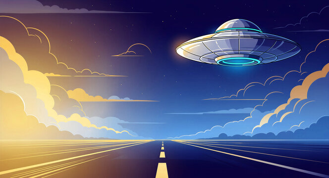 UFO flying saucer hovering over an empty highway at dusk. Stylized illustration of a glowing spacecraft above a long road. Sci-fi alien invasion concept for creative marketing and posters.