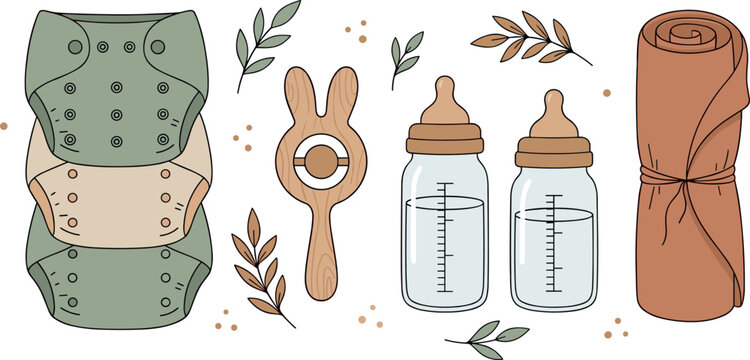 Eco Friendly Baby Essentials Collection with Cloth Diaper, Feeding Bottles, Teether, and Swaddle Blanket for Newborn Care Designs