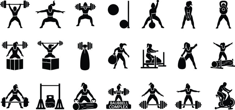 Fitness exercise pictogram set with black silhouette workout icons isolated on white background