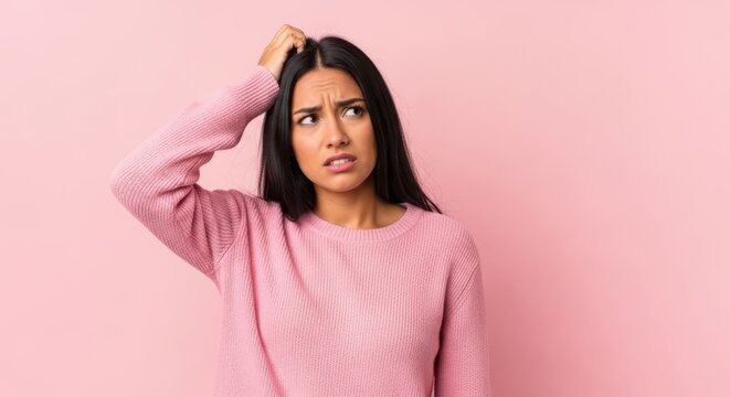 Young woman looking confused and scratching her head while trying to remember something on a pink background