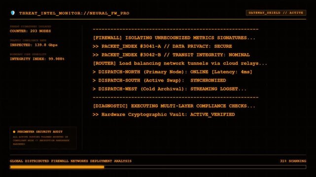 Threat Intel Monitor Screen Showing Neural Firewall Network Infrastructure Health and Gateway Shield Status Log.