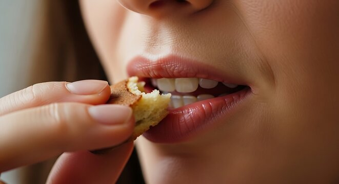 Woman eating a cookie.