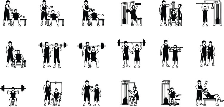 Set of black wheelchair accessibility silhouette icons showing disabled people, caregivers and mobility assistance