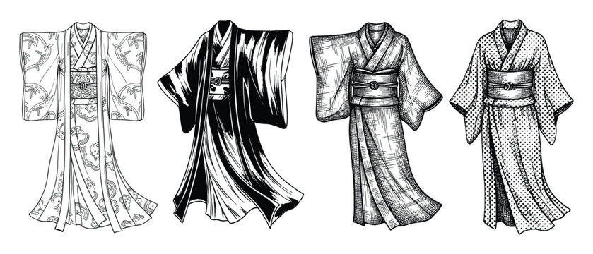 Classic Japanese kimonos in intricate engraving style for cultural publications and textile designs