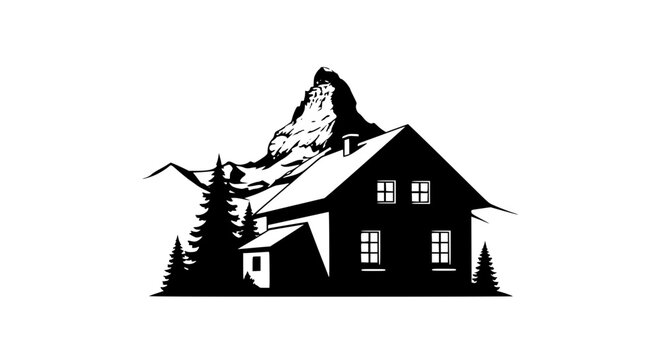 Alpine Chalet Silhouette with Mountain Peak and Pine Trees