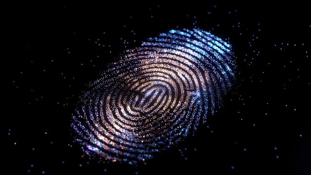 Biometric fingerprint scan for digital identity verification. Cyber security and authentication solutions. Glowing particle grid forming a unique thumbprint over a dark background