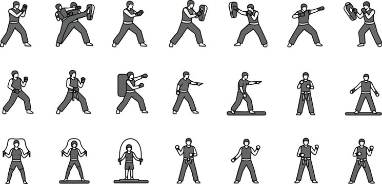 Martial Arts Pose Reference Sheet with Karate and Taekwondo Silhouettes in Black and White