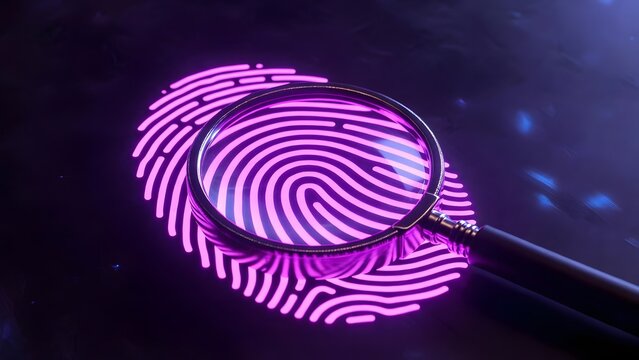 Purple neon fingerprint illuminated under a magnifying glass. Digital evidence and forensic tech investigation. Magnifier analyzing lines of a biometric thumbprint