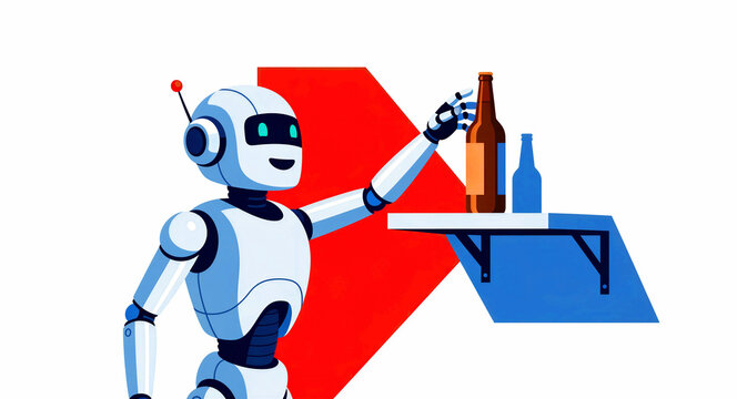 Friendly humanoid robot reaching for a glass bottle on a shelf. White android character interacting with a beverage in a minimalist vector style. Automation in hospitality and service concept.