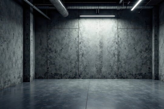 Dark grey concrete floor with industrial lighting and exposed ductwork, concrete floor, dark clouds