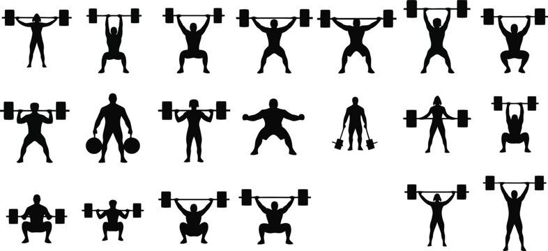 Set of black fitness and weightlifting silhouettes with dumbbells and exercise poses isolated on white