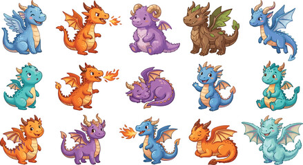 Obraz premium Cute Baby Dragon Cartoon Collection with Fantasy Fire Breathing Mythical Creatures and Colorful Magical Vector Illustration Set