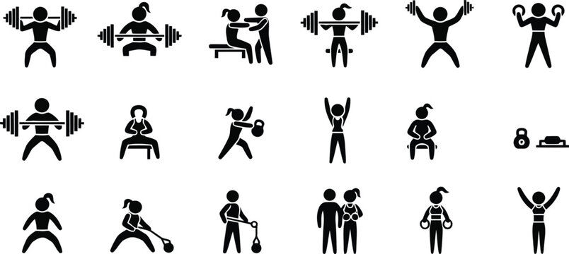 Fitness exercise silhouette icon set with people in various workout poses and yoga stretching positions