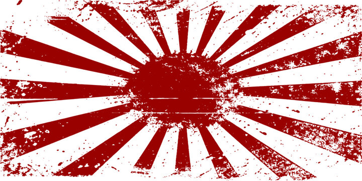 A grunge-style Japanese Rising Sun flag with a distressed, textured finish, conveying a sense of history and power.