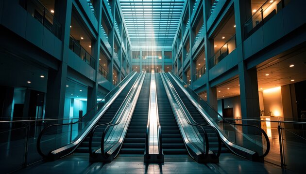 Modern Escalators Ascending in a Sleek, Blue-Lit Multi-Level Atrium