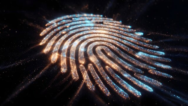 Secure biometric fingerprint scanner on a digital interface. Cyber security and multi factor authentication. Glowing golden and blue particle lines forming a thumbprint