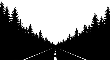 Fototapeta premium Black and White Silhouette of a Road Disappearing into a Pine Forest
