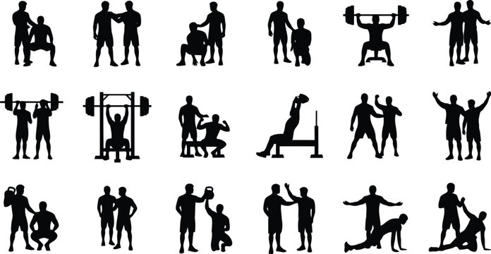 Collection of black silhouette people with disabilities and mobility aids isolated on white background