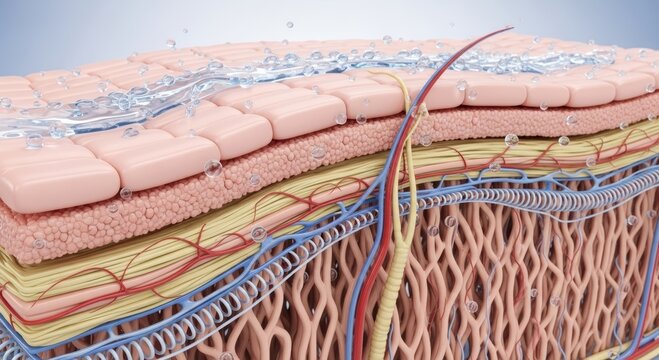 Cross section of human skin showing hydration and moisturizing effect. 3D educational model of epidermis, dermis, and subcutaneous layers with water droplets. Dermatology and care concept.