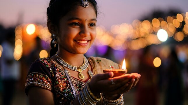Woman holding a lit diya during Diwali festival.