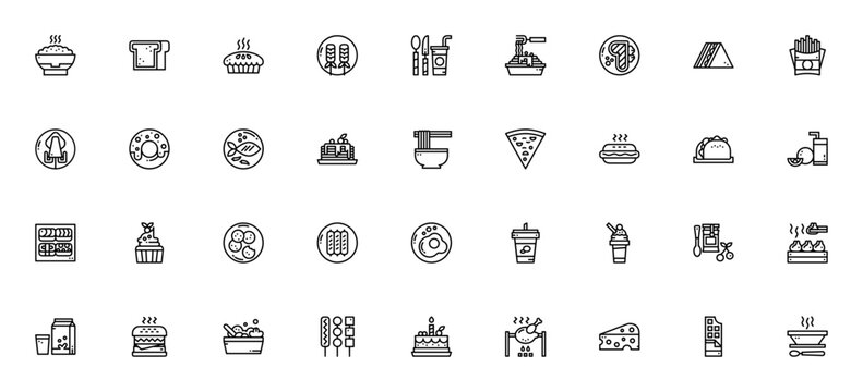 Food icon set. Minimalist vector icons pack. Includes symbols for rice, bread, pie, shrimp, pizza, steak, burger and more. Editable vector stroke.