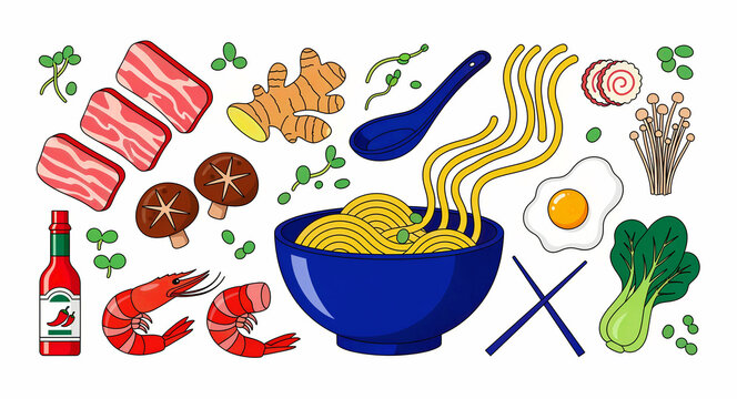 Ramen ingredients and noodle bowl illustration set on white background. Collection features shrimp, pork belly, ginger, egg, and fresh vegetables in a vibrant cartoon style. Japanese cuisine design.