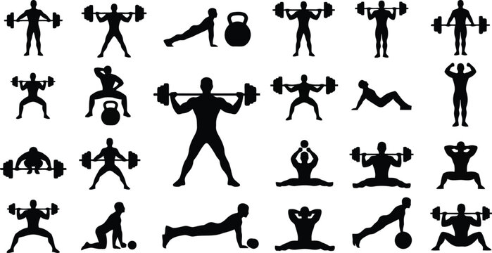 Fitness Exercise Silhouette Set of Black Gym Workout Poses and Strength Training Icons