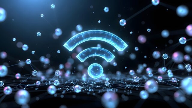 High speed wifi signal and digital wireless communication. Internet access and network infrastructure development. Luminous connectivity icon floating above a web of molecular data nodes