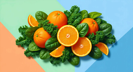 Naklejka premium Fresh sliced oranges with kale and spinach on a geometric background. Vibrant flat lay of citrus fruits and healthy greens. Wellness and nutrition concept for organic food marketing.