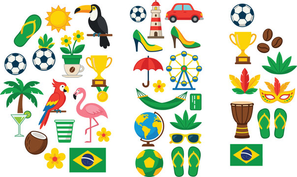 Brazil Travel and Culture Icon Collection with Carnival Soccer Tropical Nature and Summer Vacation Vector Illustration Set