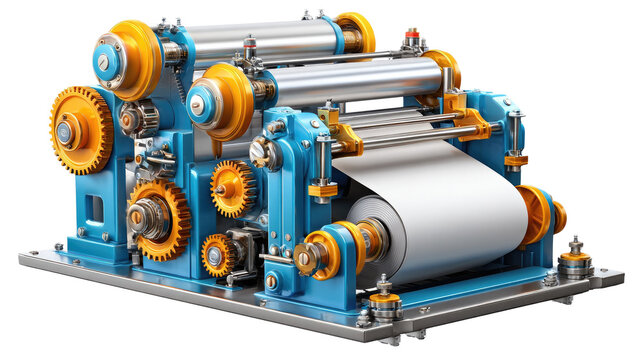 Industrial Paper Roll Machine: A complex industrial machine with blue and yellow components, featuring gears, rollers, and a large roll of paper, signifying manufacturing and production processes.