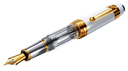 Naklejka premium Luxury Fountain Pen: A meticulously crafted white and gold fountain pen, showcasing its intricate design and polished finish. This writing instrument evokes a sense of elegance and sophistication.