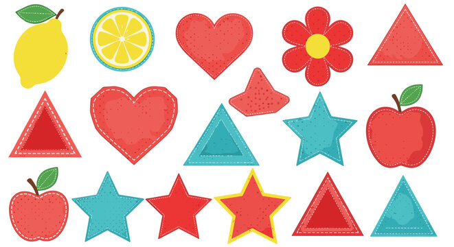 Educational collection of colorful stickers featuring geometric shapes, fruits like apples and lemons, hearts, stars, and flowers.