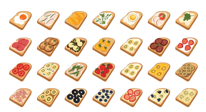 Extensive grid of various open faced sandwiches and toasts featuring toppings like eggs, fruit, vegetables, meat, and spreads.