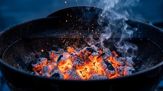 Close-up of glowing hot charcoal embers burning in a metal grill with smoky atmosphere and dark background