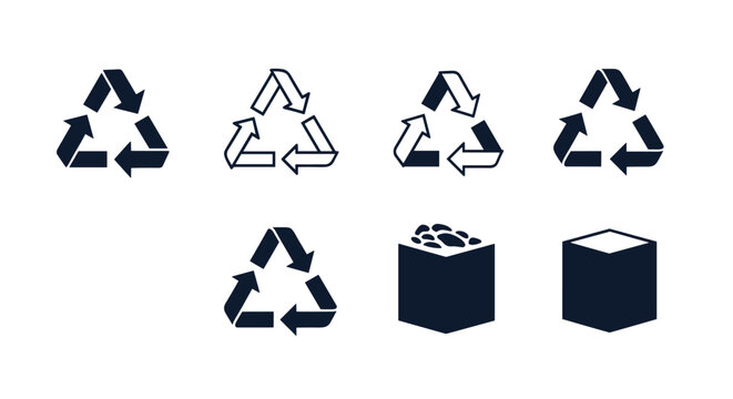 Recycling symbols and container set showcasing different arrow designs for environmental sustainability.