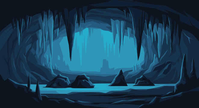 Dark underground cave interior with stalactites and stalagmites reflected in a calm subterranean pool.
