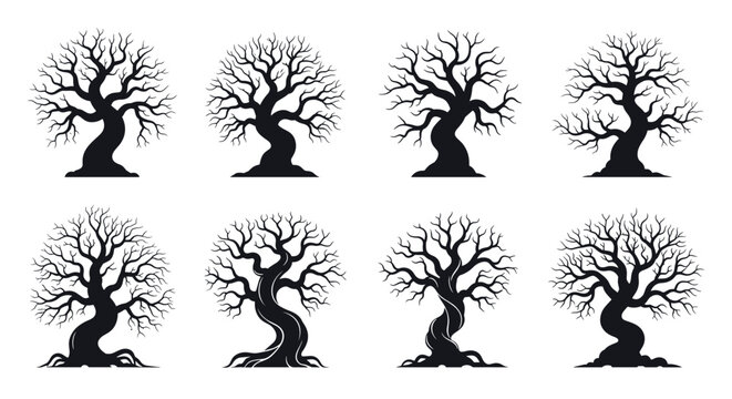 Collection of dead tree silhouettes with gnarled branches on a clean white background.