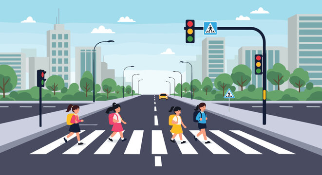 Group of school girls wearing backpacks carefully cross the street at a pedestrian zebra crossing with traffic lights.
