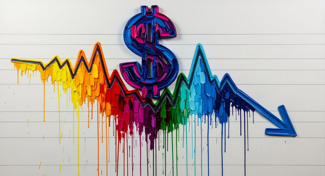 Colorful 3D dollar sign and declining stock market graph with dripping paint. Artistic impasto style business chart showing a downward trend. Economic recession and financial crisis concept.