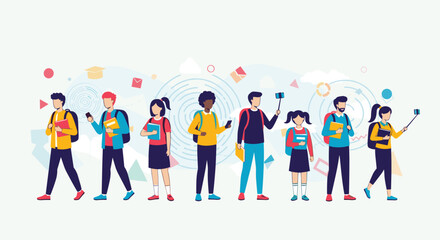 Fototapeta premium Diverse group of young students and university pupils walking together while taking selfies and holding textbooks.