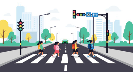 Obraz premium Group of young school girls with backpacks walking across a pedestrian crosswalk in a busy city with skyscrapers.