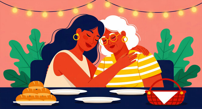 Young woman hugging an elderly grandmother at a dinner table. They share a moment of affection during a festive meal with warm lighting. Family bonding concept, ideal for senior care marketing.