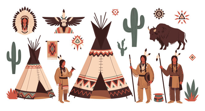Set of traditional Native American culture elements including teepees, warriors, bison, and tribal ornaments.