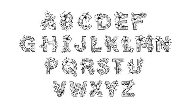 Set of uppercase alphabet letters from A to Z decorated with beautiful black and white floral and leaf patterns.