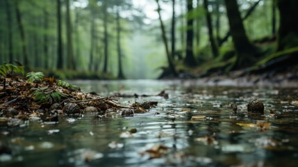 Fototapeta premium A serene forest stream with fallen leaves and branches in the water