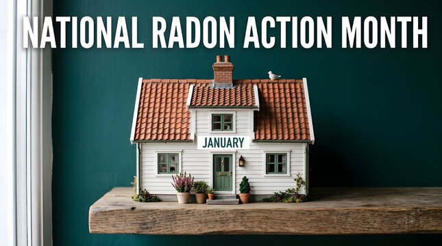 Miniature House Model on Wooden Block for Radon Awareness Month Illustration