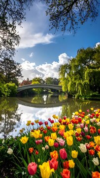 A serene landscape with vibrant tulips and a bridge